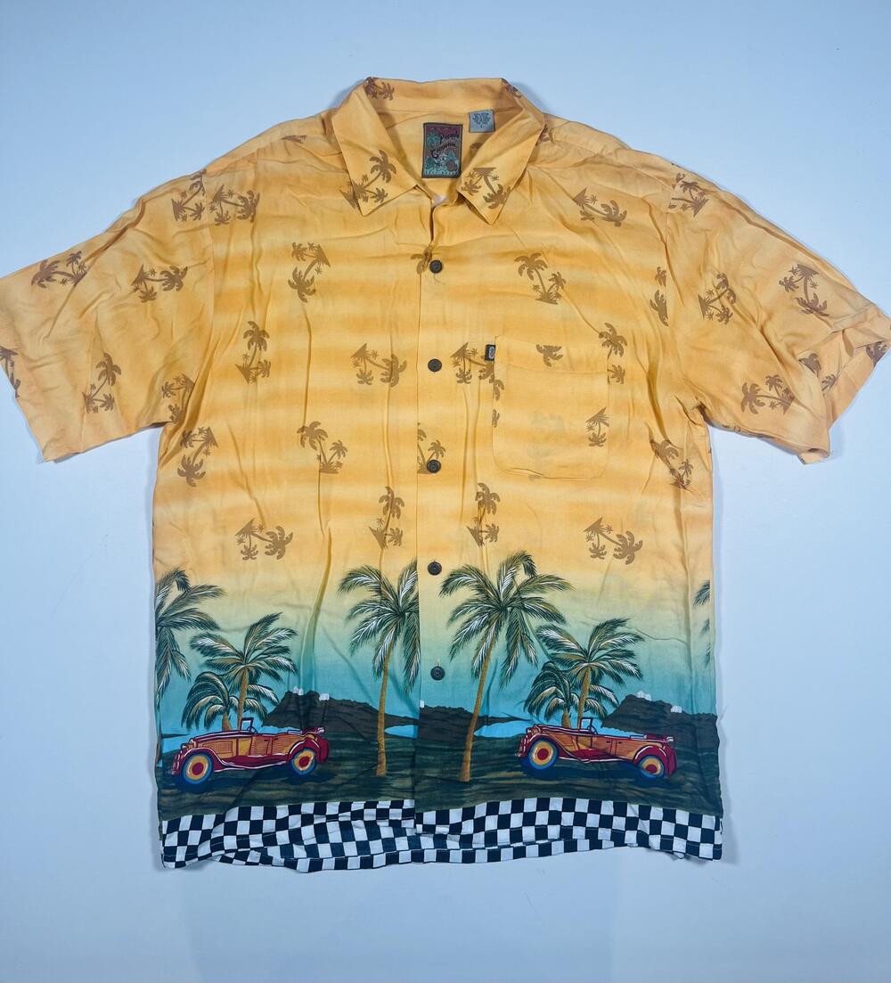 Vintage Pineapple Connections Shirt Mens Large Multicolor Car Hawaiian Aloha 90s